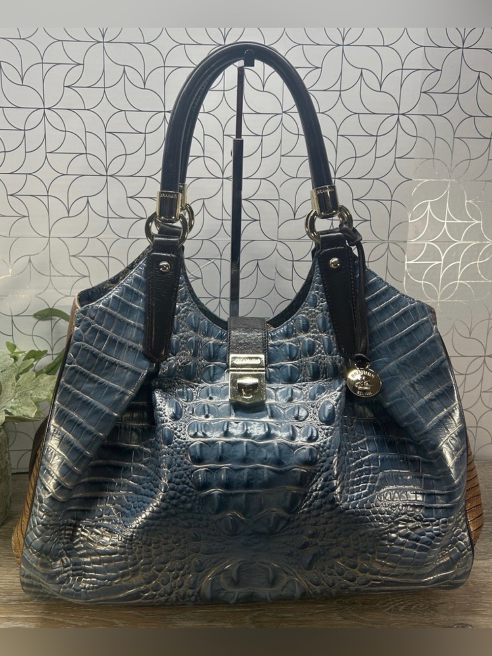 Brahmin Navy Croc-Embossed Double-Handle Satchel
